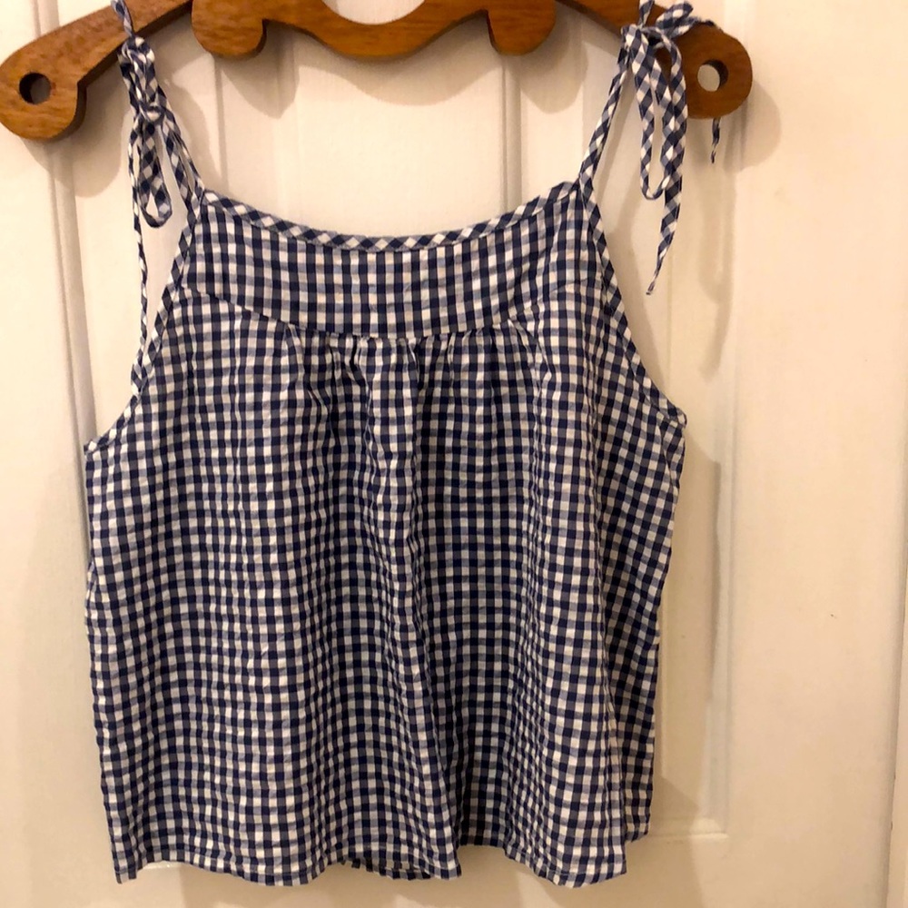Aerie Long Crop Tie Shoulder Gingham Top